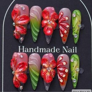 High quality press on Handmade Floral Nail Art Set - Red, Green, Pink
